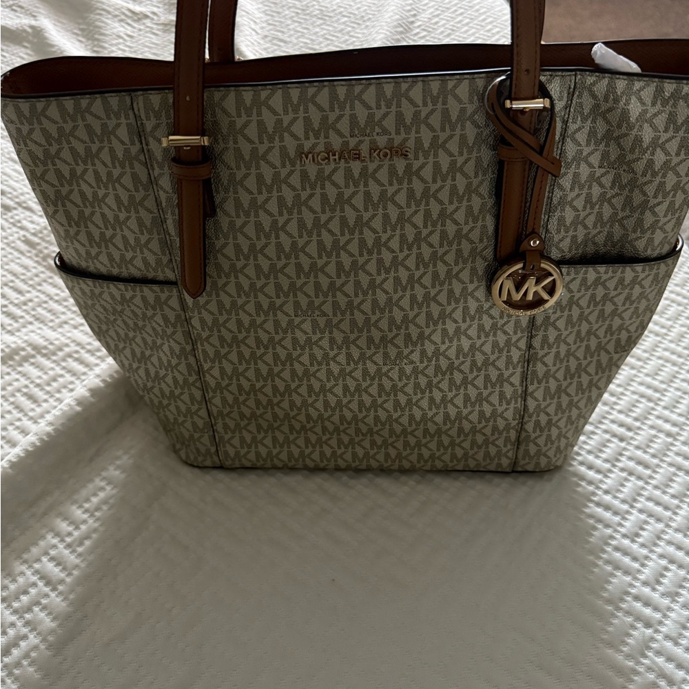 Michael Kors Monogrammed Cream and Tan Tote